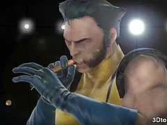Big-titted babe blir knullad av Wolverines monster kuk