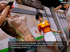 Ibu tiri memamerkan lekuk tubuhnya di kulit di balkon dalam anime 3D