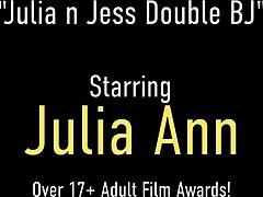 Duas mulheres experientes, Julia Ann e Jessica James, compartilham um pênis e se envolvem em garganta profunda