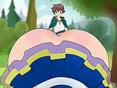 Aqua's short skirt seduces Kazuma in a cartoon parody with divine intervention