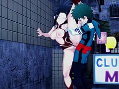 Mina Ashido ja Momo Yaoyorozu liittyvät Izuku Midoriya intensiiviseen kolmikkoon My Hero Academia hentai -pelissä