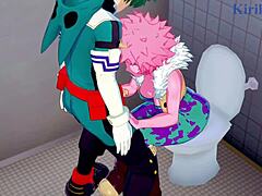 Mina Ashido, Momo Yaoyorozu, dan Izuku Midoriya terlibat dalam threesome yang intens dalam My Hero Academia hentai