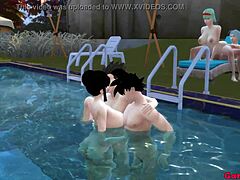 Sexo anal duro con dos hermosas esposas japonesas en la piscina