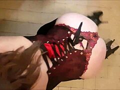 Blonde French milf in corset gives a POV blowjob and gets fucked in satin lingerie