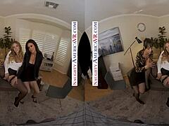 Virtual reality porn featuring sexy co-workers Jaime, Michaelelle, Kayley Gunner, and Lexi Luna in their office uniforms
