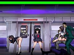 Japanisches Hentai-Spiel mit verdecktem Spion, der von vielen gefickt wird